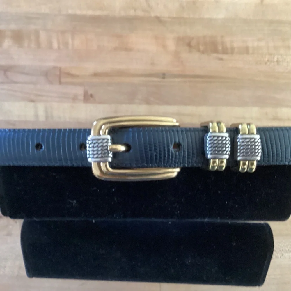 BRIGHTON Vintage 1” Gold & Silver Buckle Black Faux Reptile Leather Belt S 28